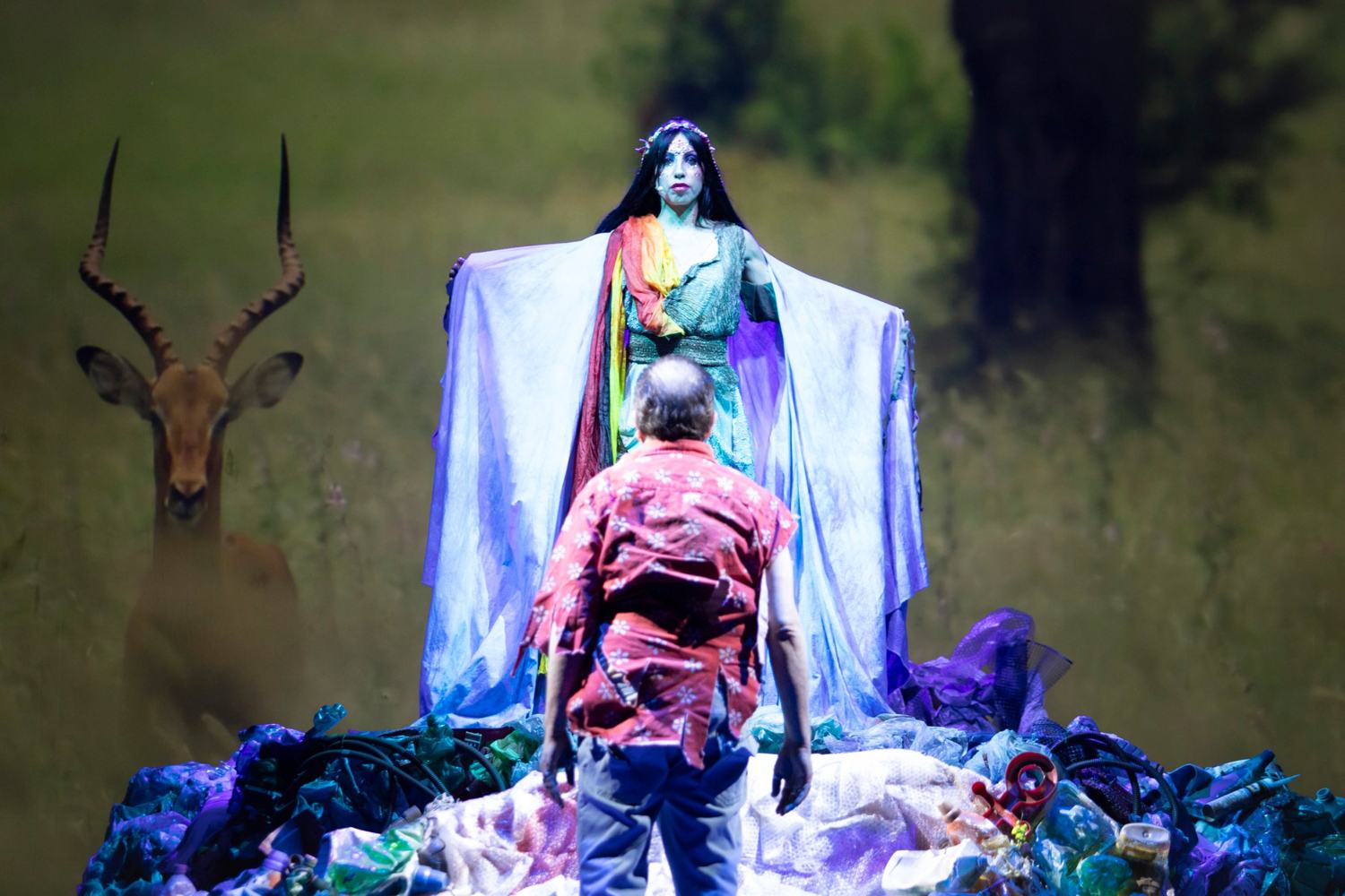Una figura in veste azzurra con una sciarpa arcobaleno, a braccia aperte su un mucchio di rifiuti, davanti a un uomo di spalle; sullo sfondo un prato e un'antilope